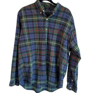 Ralph Lauren Blue & Green Tartan Plain Cotton Button Up Shirt, Size XL